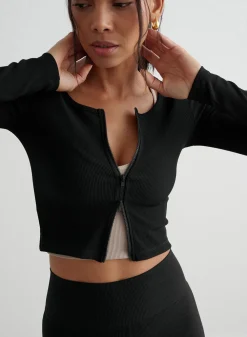 Langermede Skjorter|Long Sleeve Workout Tops^AIM’N Ribbed Performance Zipped Cardigan Black