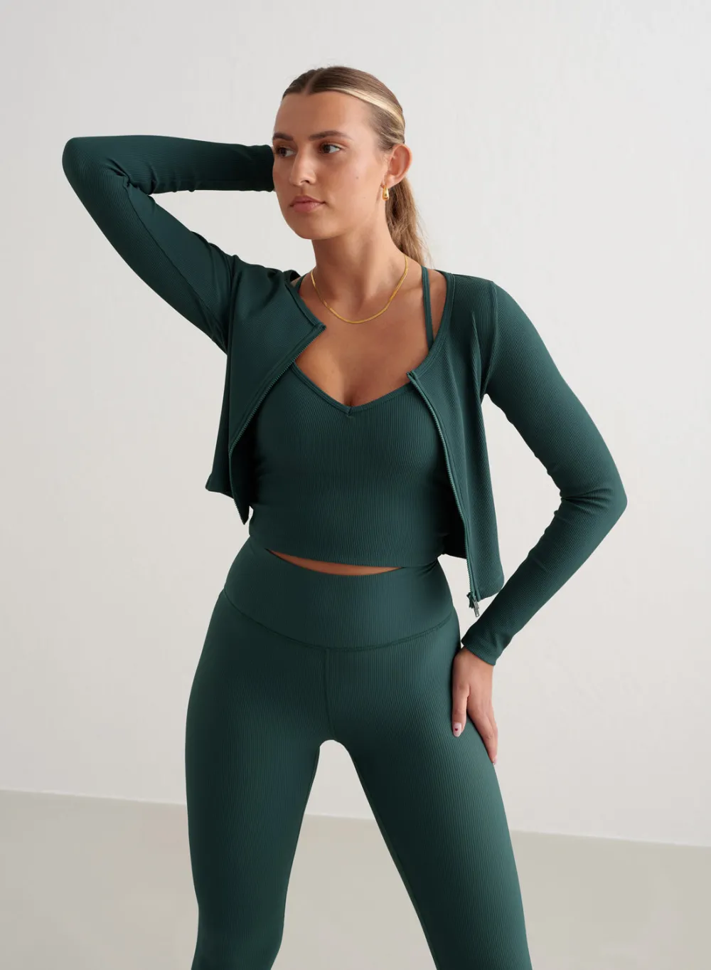 Langermede Skjorter|Long Sleeve Workout Tops^AIM’N Ribbed Performance Zipped Cardigan Deep emerald