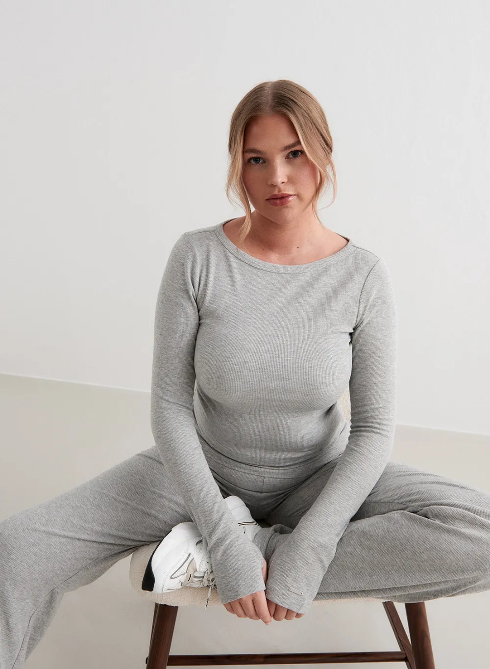Langermede Skjorter|Everyday Shirts^AIM’N Ease Ribbed Long Sleeve Top Grey melange