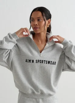 Langermede Skjorter|Sweatshirts^AIM’N Varsity Sweat Half Zip Grey melange